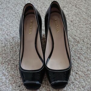 Prada Black Patent Leather Wedge Peep-Toe Heels with Contrast Stitching